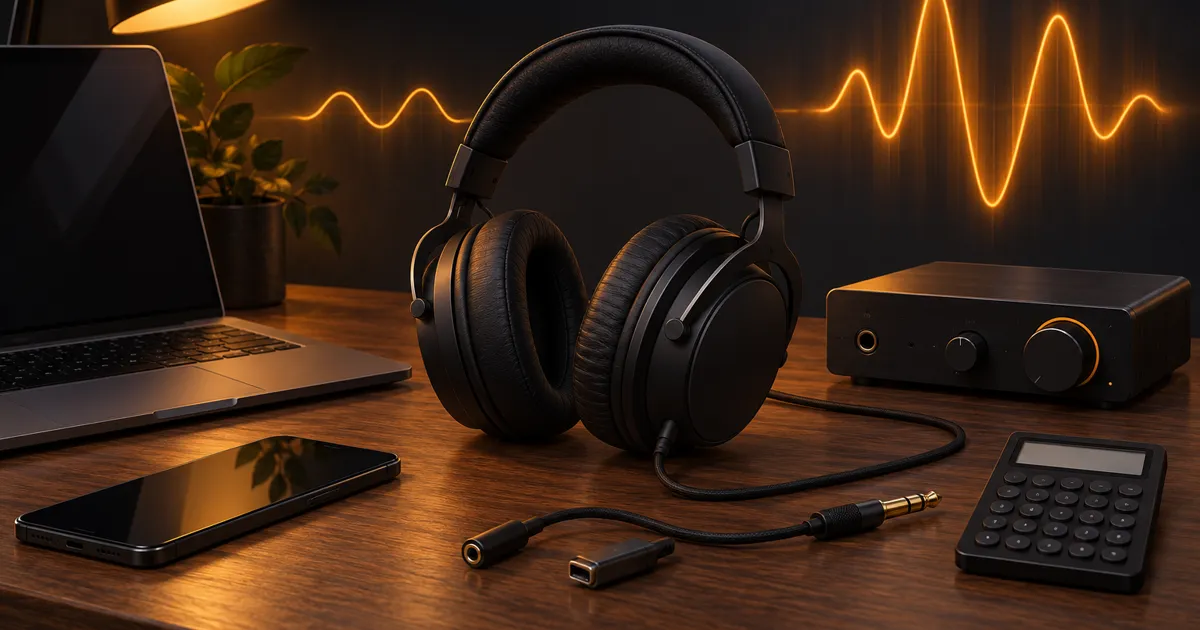 Closed-back headphones beside a laptop, phone, USB-C dongle, audio interface and calculator on a tidy desk.